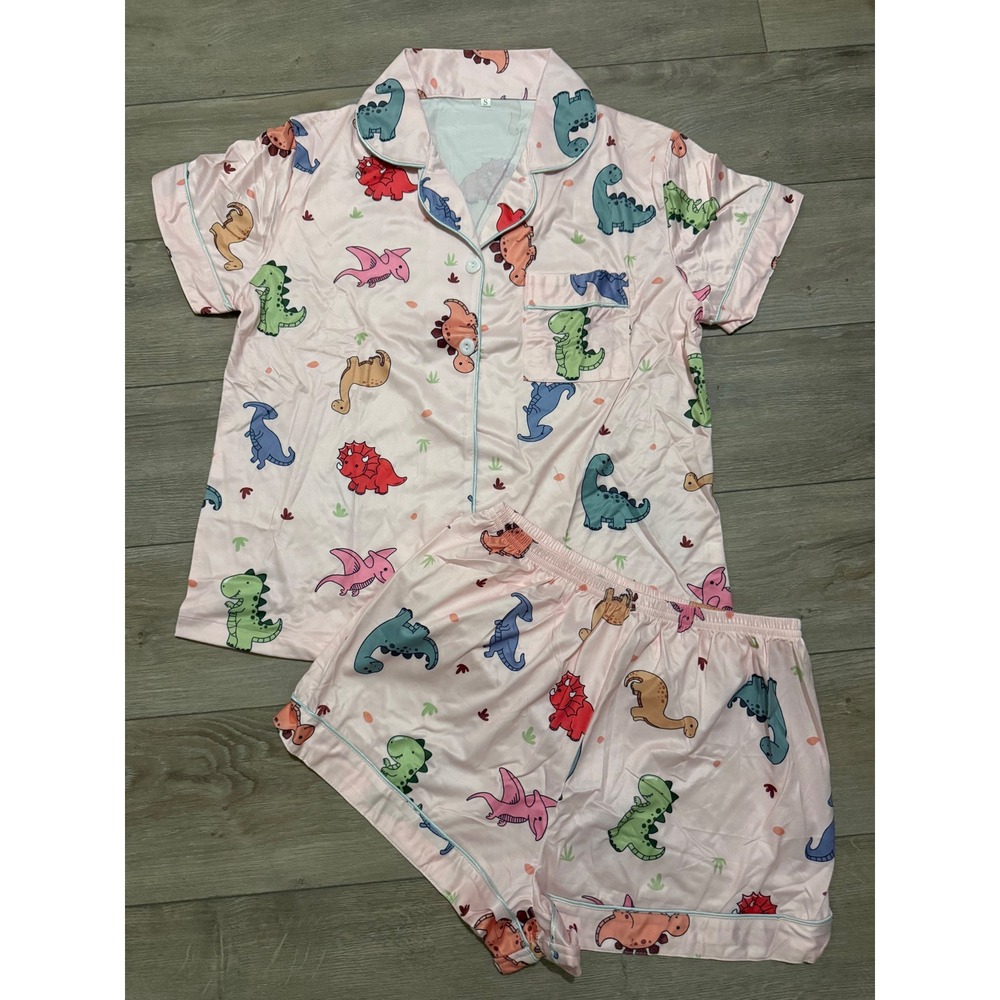 NIB- Pink Dinosaur Print Satin Pajama Set Short Sleeve Button Down Shorts S